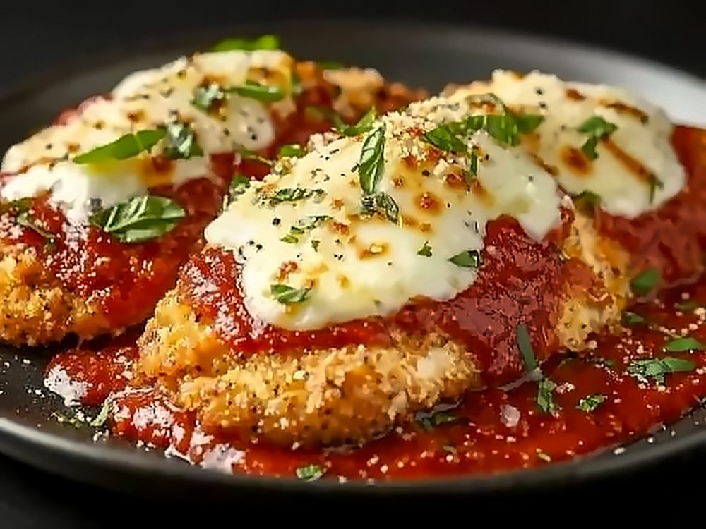 Parmegiana empanada com molho de tomate, queijo gratinado e manjericão, no prato preto