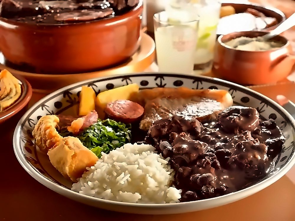 Prato de feijoada com carnes, arroz, couve, farofa e pastel