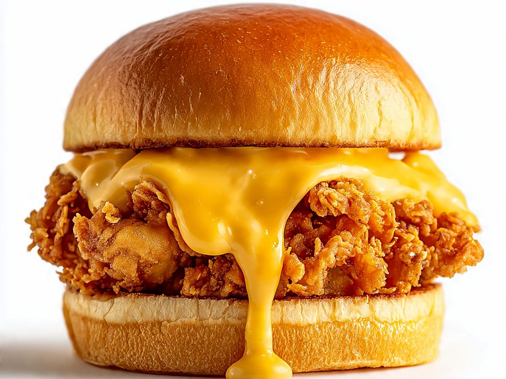 Sanduíche de frango frito com cheddar derretido escorrendo, da Fran Fri
