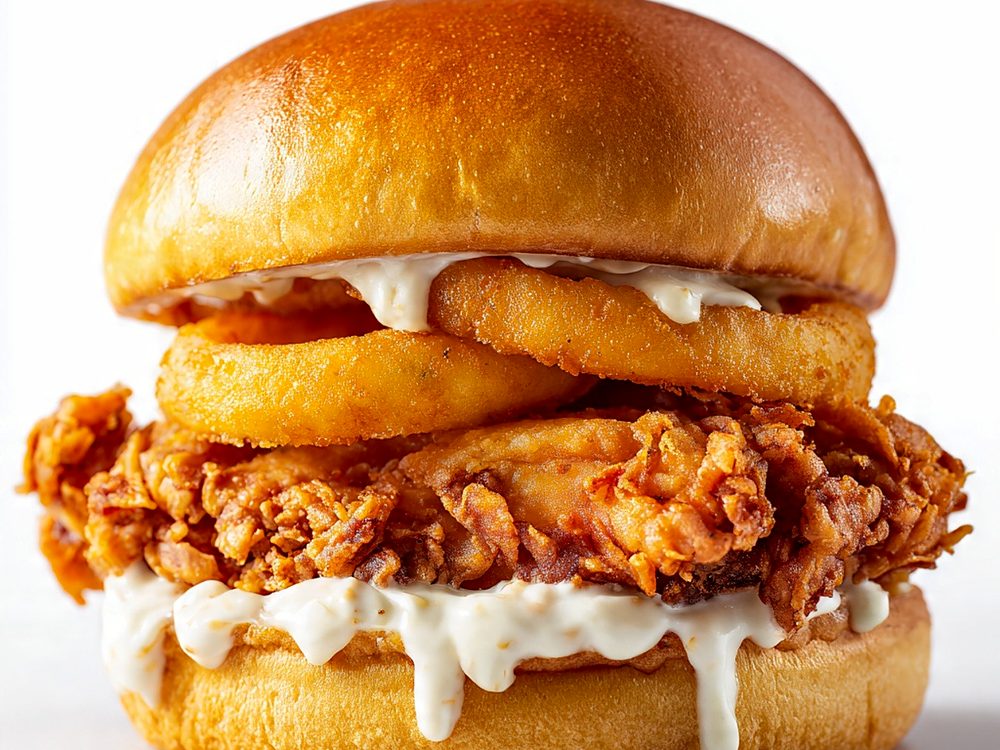 Sanduíche de frango frito com anéis de cebola crocantes e molho branco