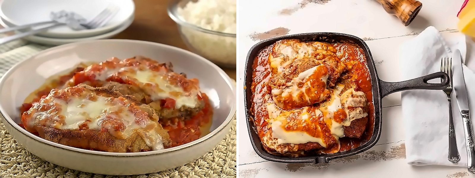 Parmegiana gratinada no prato fundo e na frigideira de ferro