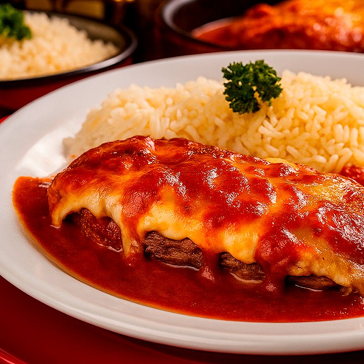 Parmegiana de filé com molho de tomate e queijo derretido, com arroz branco e purê de batata no prato branco