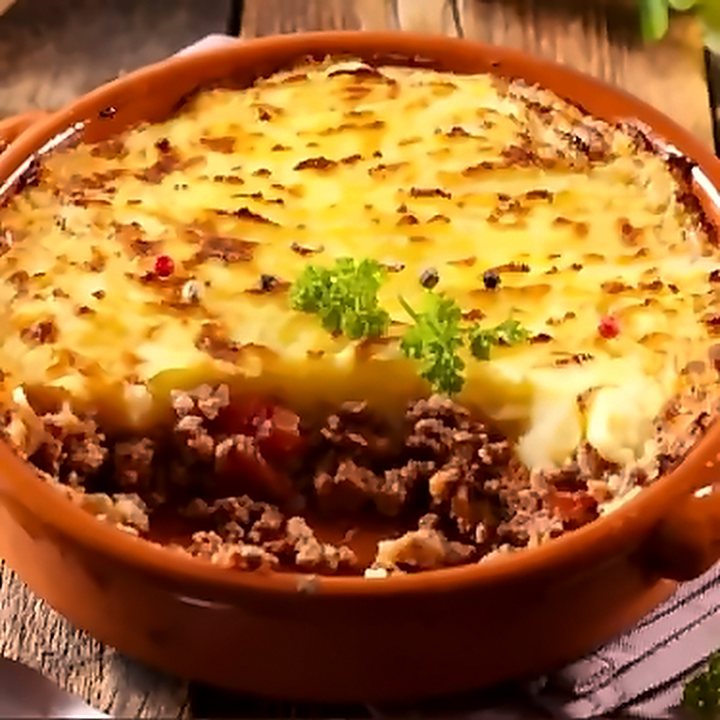 Escondidinho de carne moída com purê gratinado na travessa de barro