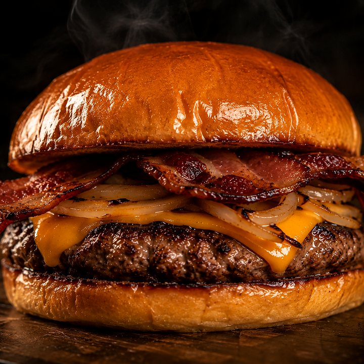 Hambúrguer com fatias de bacon e cheddar derretido