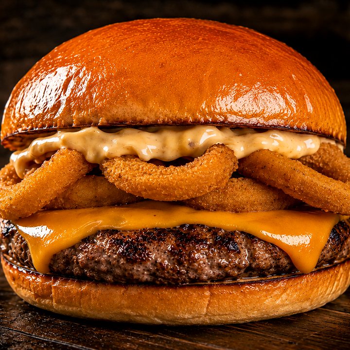 Hambúrguer com anéis de cebola empanados, molho e cheddar