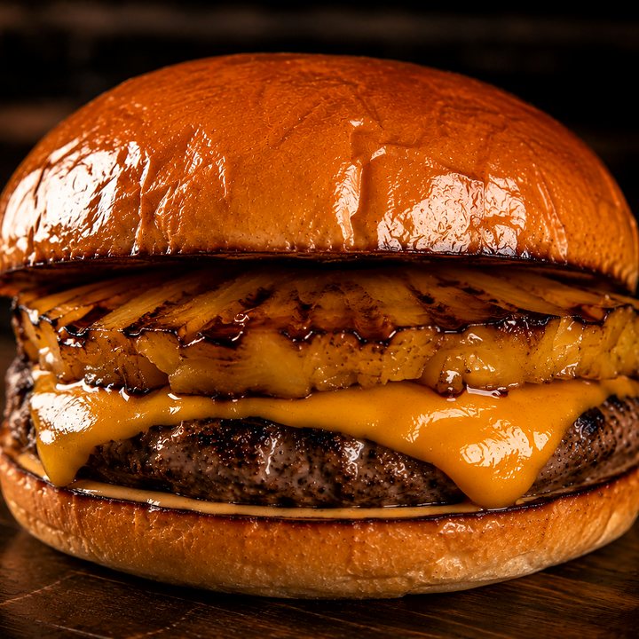 Hambúrguer com abacaxi grelhado e cheddar derretido