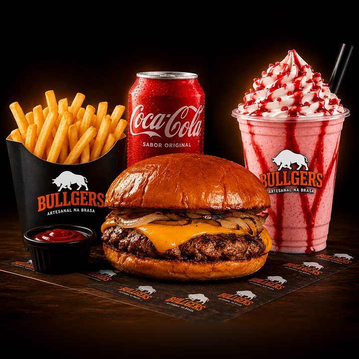 Combo com hambúrguer, batata frita, milk-shake de morango, refrigerante e molho