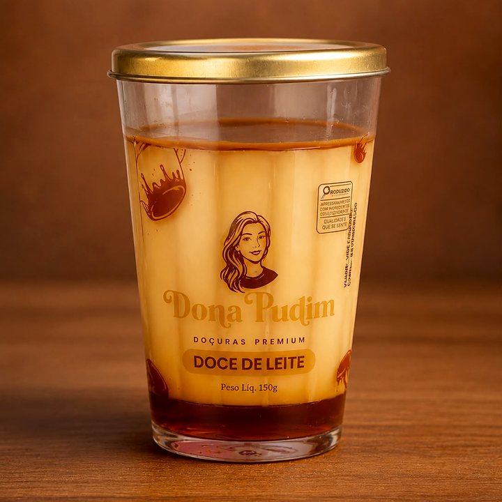 Pudim de doce de leite Dona Pudim em copo de vidro com tampa dourada, sobre a mesa de madeira