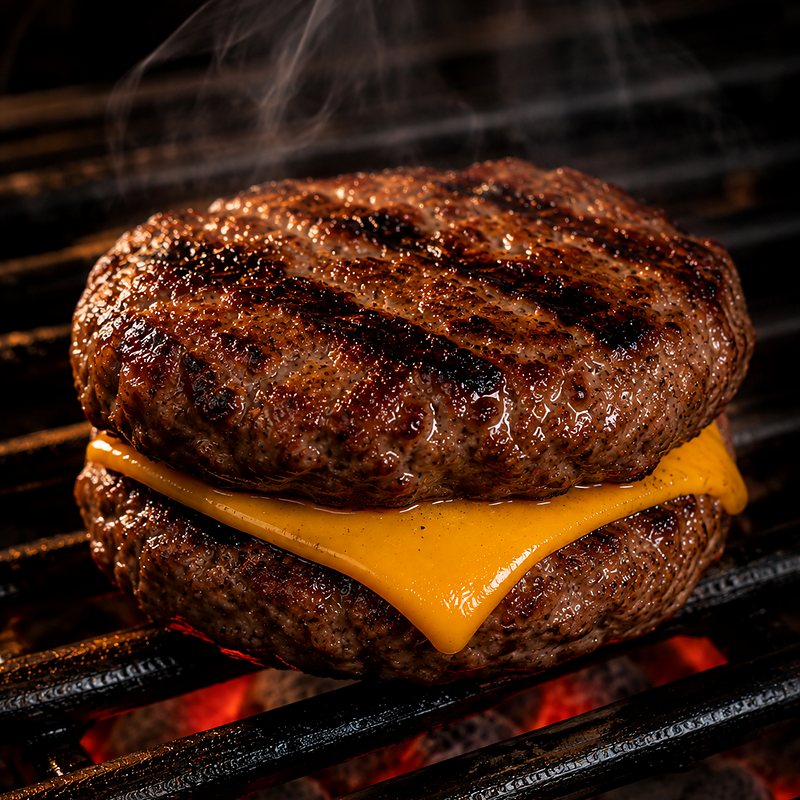 Hambúrguer com cheddar derretido grelhando na brasa