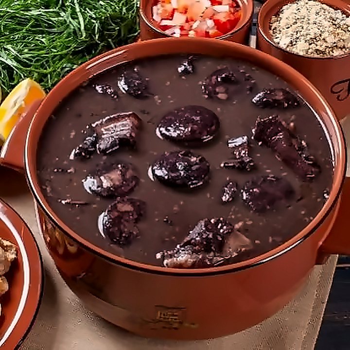 Feijoada na panela de barro com torresmo, laranja e farofa