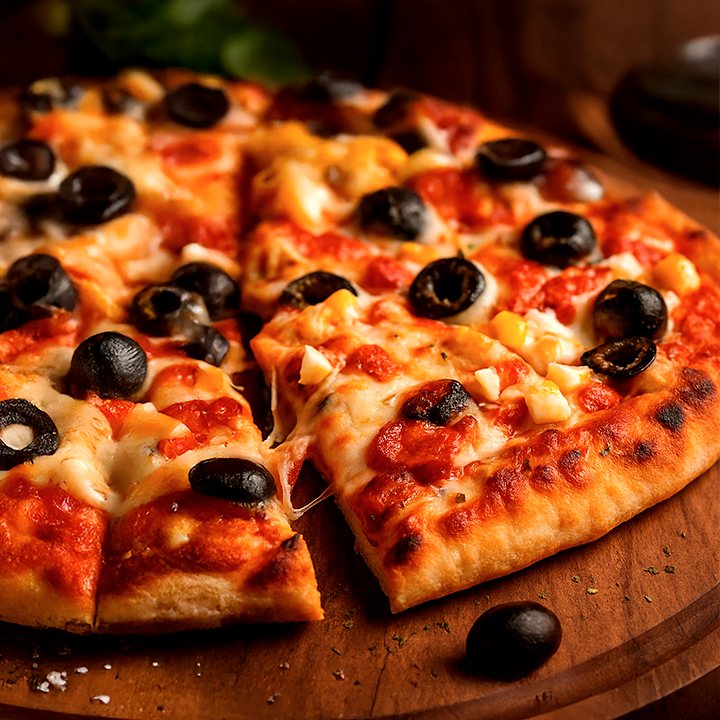 Pizza portuguesa com azeitonas pretas, presunto e queijo, cortada em fatias