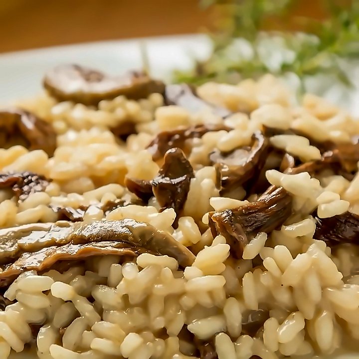 Risoto de cogumelos no prato branco