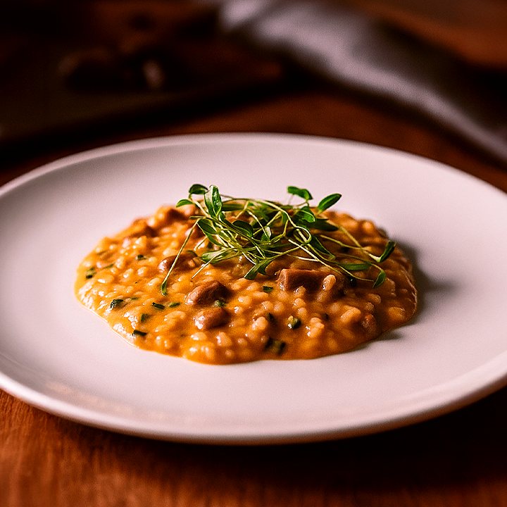 Risoto de carne seca com brotos verdes no prato branco