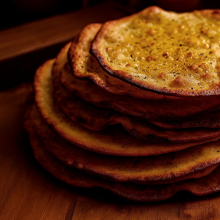 Pilha de discos de massa dourada, com o de cima coberto de queijo e ervas